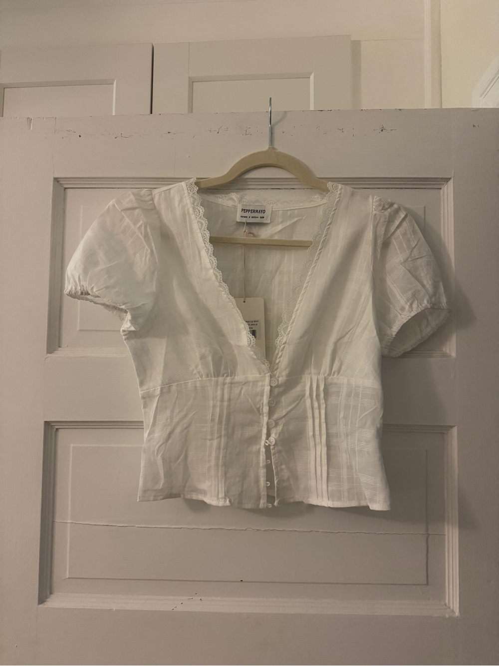 Peppermayo White Sheer Button Up Short Sleeved Blouse - Picture 6 of 9